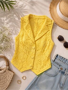 Yellow Lace Sleeveless Cropped Vest Top
